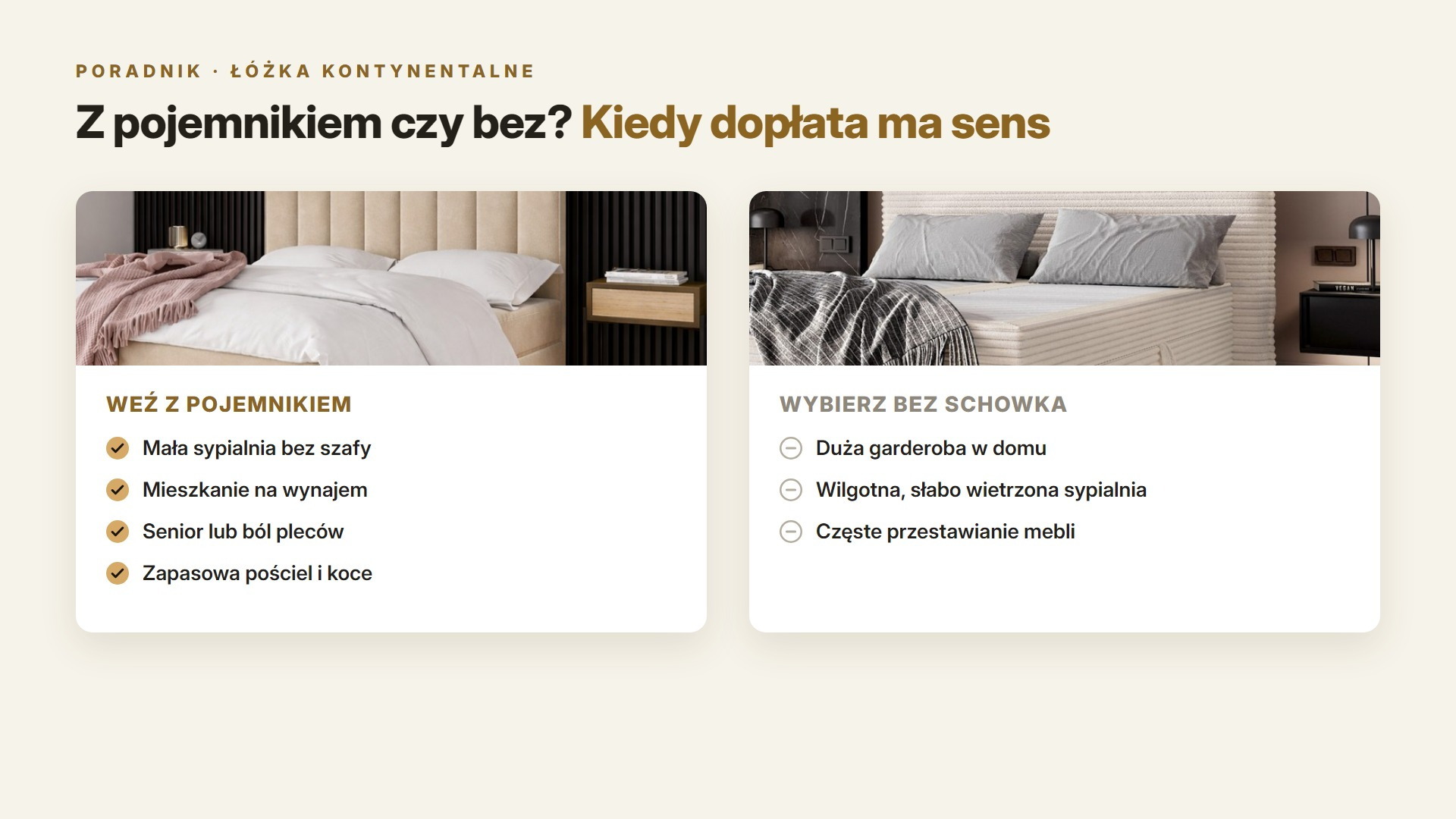 Dla kogo łóżko kontynentalne z pojemnikiem: mała sypialnia, wynajem, senior, rodzina na sezonowe koce i pościel